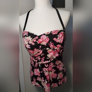 Liz Claiborne Black/Pink Floral Halter Tankini